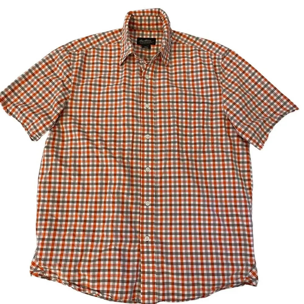 Eddie Bauer Check Shirt Men’s M Short Sleeve Button Down Gray Orange - Picture 1 of 16